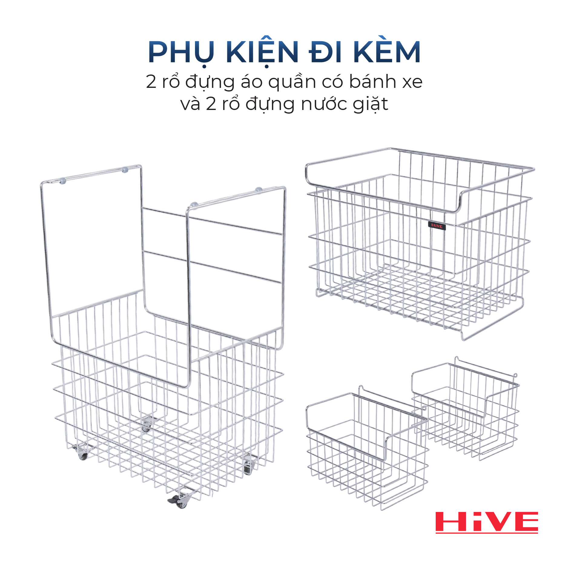 Kệ (Giỏ) Đựng Đồ, Chia Quần Áo Phòng Giặt HiVE 2 tầng inox 304 cao cấp có bánh xe