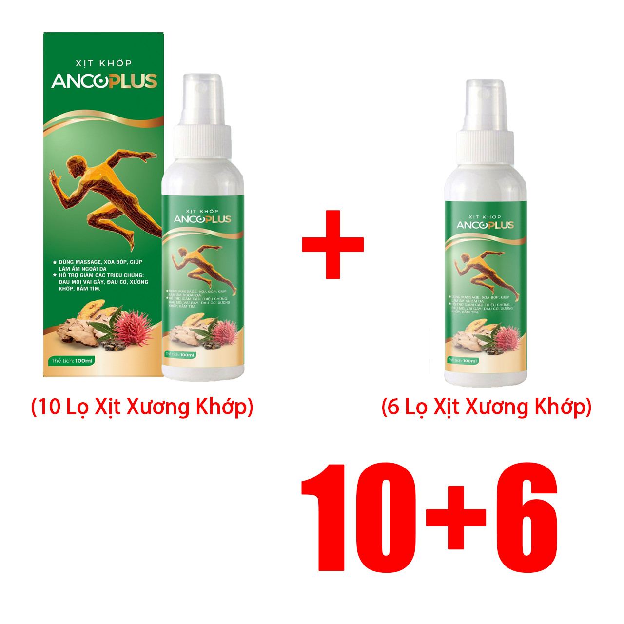 Combo 10 Tặng 6 Xịt Xương Khớp Ancoplus Giúp Giảm Đau Nhanh Chóng, Bảo Vệ Xương Khớp Từ Thiên Nhiên