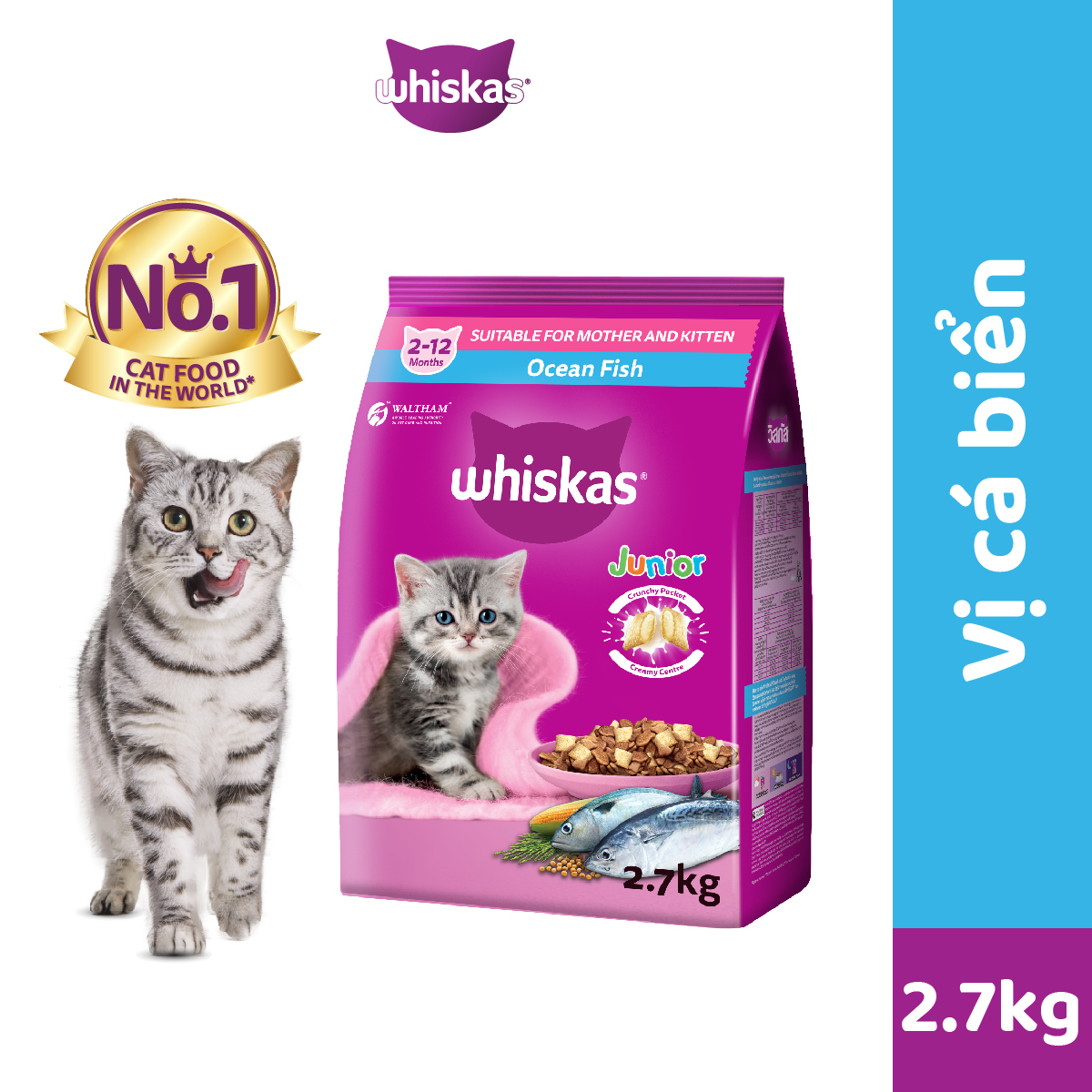 WHISKAS Thức ăn dạng hạt cho mèo con từ 2-12 tháng tuổi, 2.7kg - Vị cá ngừ &amp; cá hồi