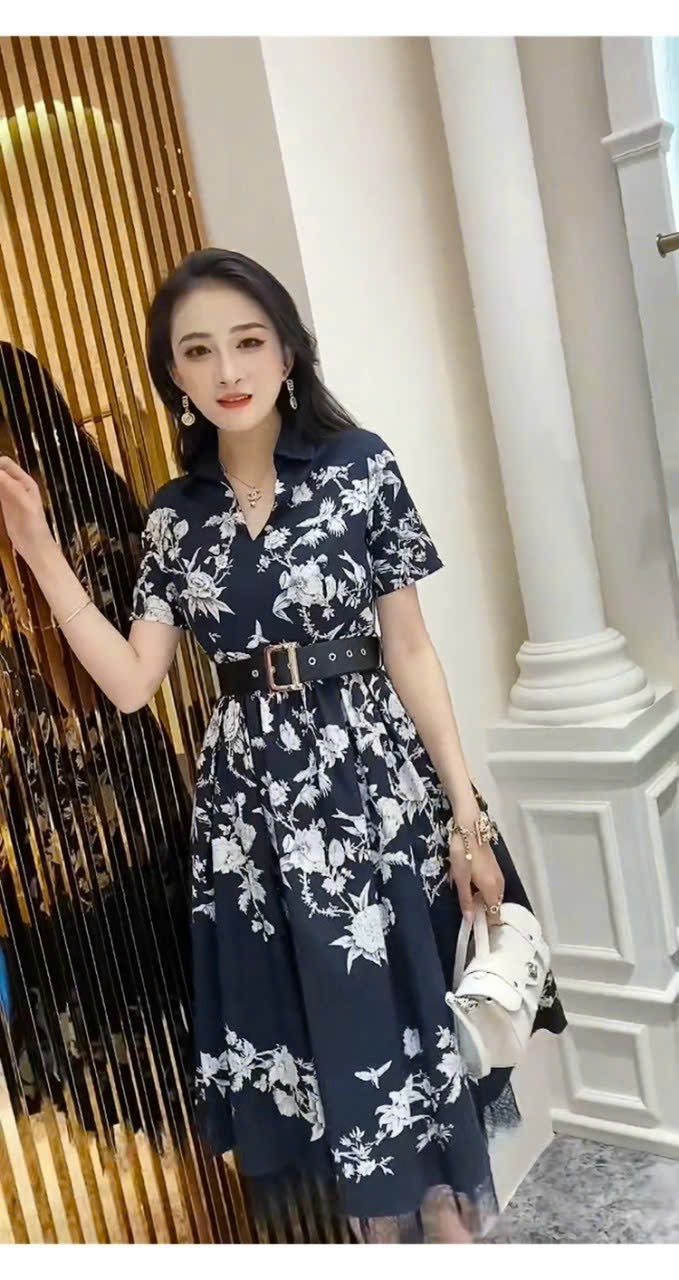 ĐẦM XÒE LỤA HOA CHÂN VÁY REN KÈM NỊT