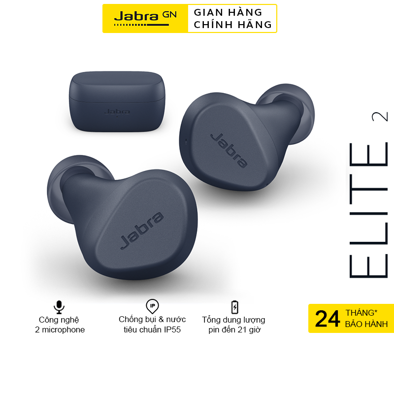 Tai Nghe Bluetooth Jabra Elite 2 | Thương hiệu Đan Mạch | Chống Nước IP55 | Công nghệ chống ồn từ Jabra | Nghe Nhạc lên đến 21H | Hàng Chính Hãng