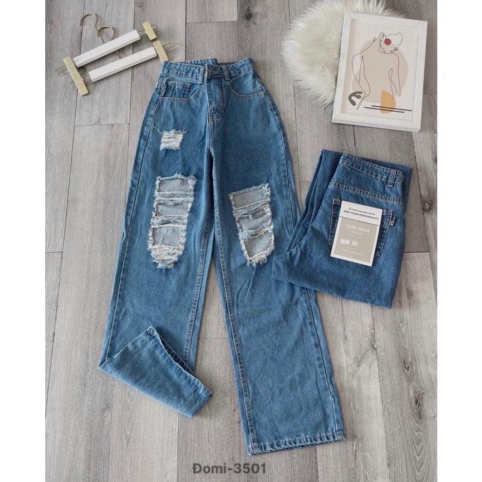 Quần baggy jean ống suông rách gối thời trang