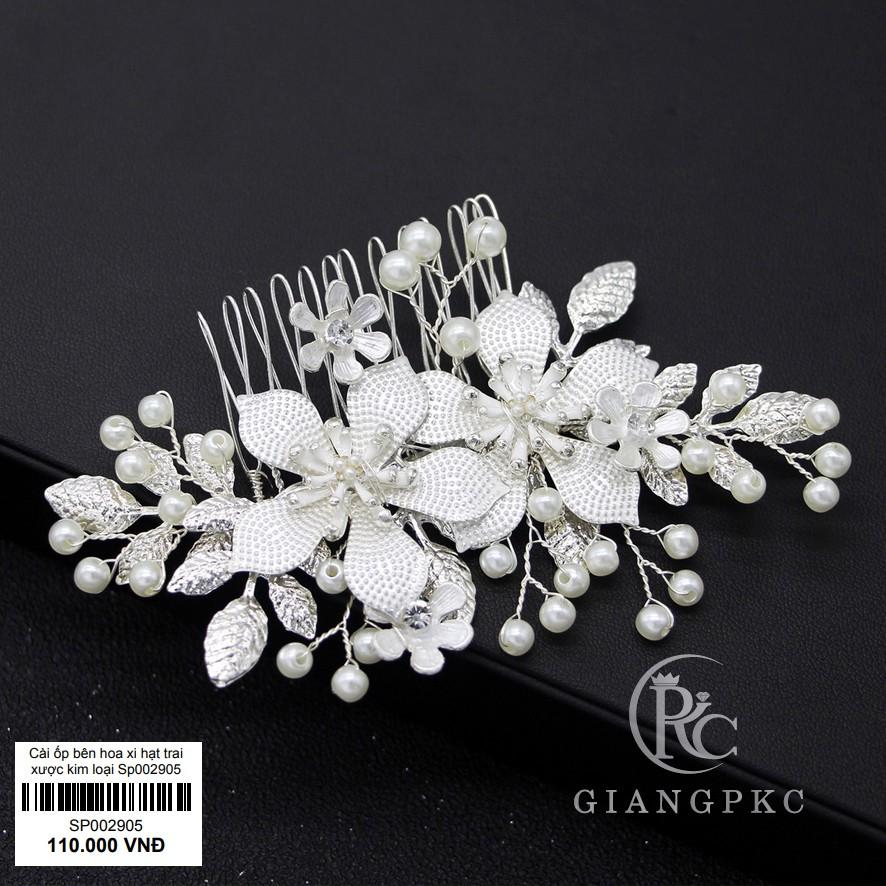 Cài ốp tóc cô dâu một bên hoa xi hạt trai xược kim loại Giangpkc Sp002905