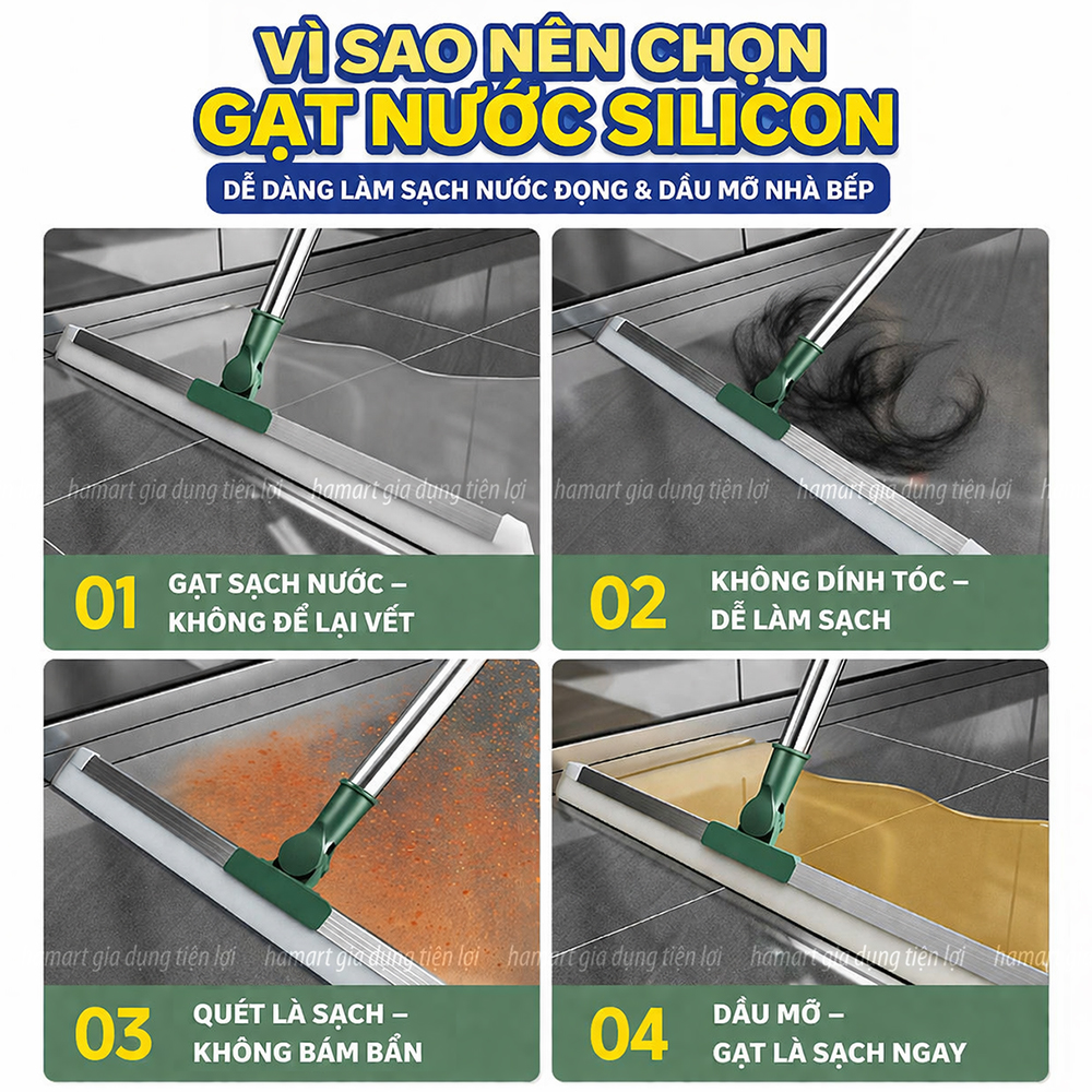 Chổi Gạt Nước Sàn Nhà Silicone Lau Kính Cán Dài Đa Năng Hamart Xoay 180º Quét Tóc Gầm Giường Khe Ghế