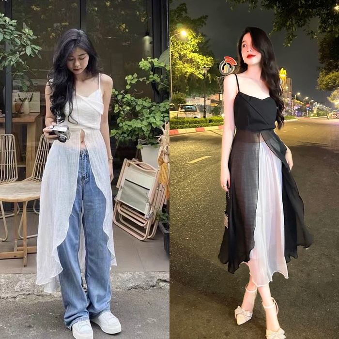 ÁO CROPTOP TÀ DÀI MIDI SUÔNG TRƠN 2 DÂY XẺ TÀ ĐI BIỂN ĐI TIỆC DẠO PHỐ