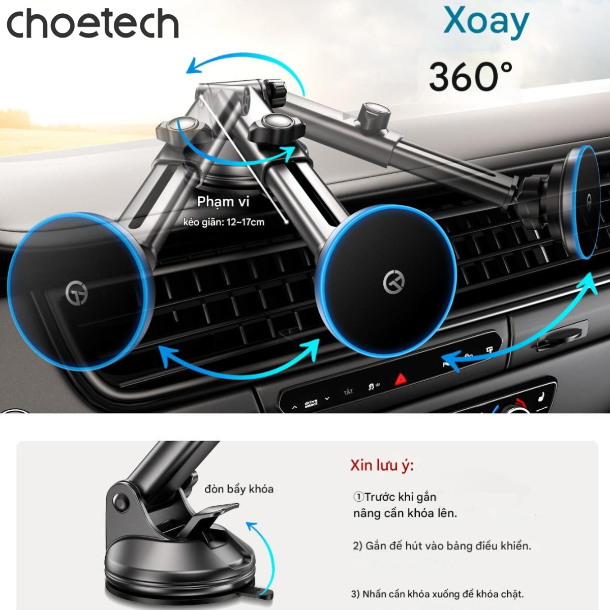 Bộ giá đỡ điện thoại Magnetic 2 in 1 trên ô tô Choetech T208 sạc nhanh công suất 15W - Hàng chính hãng