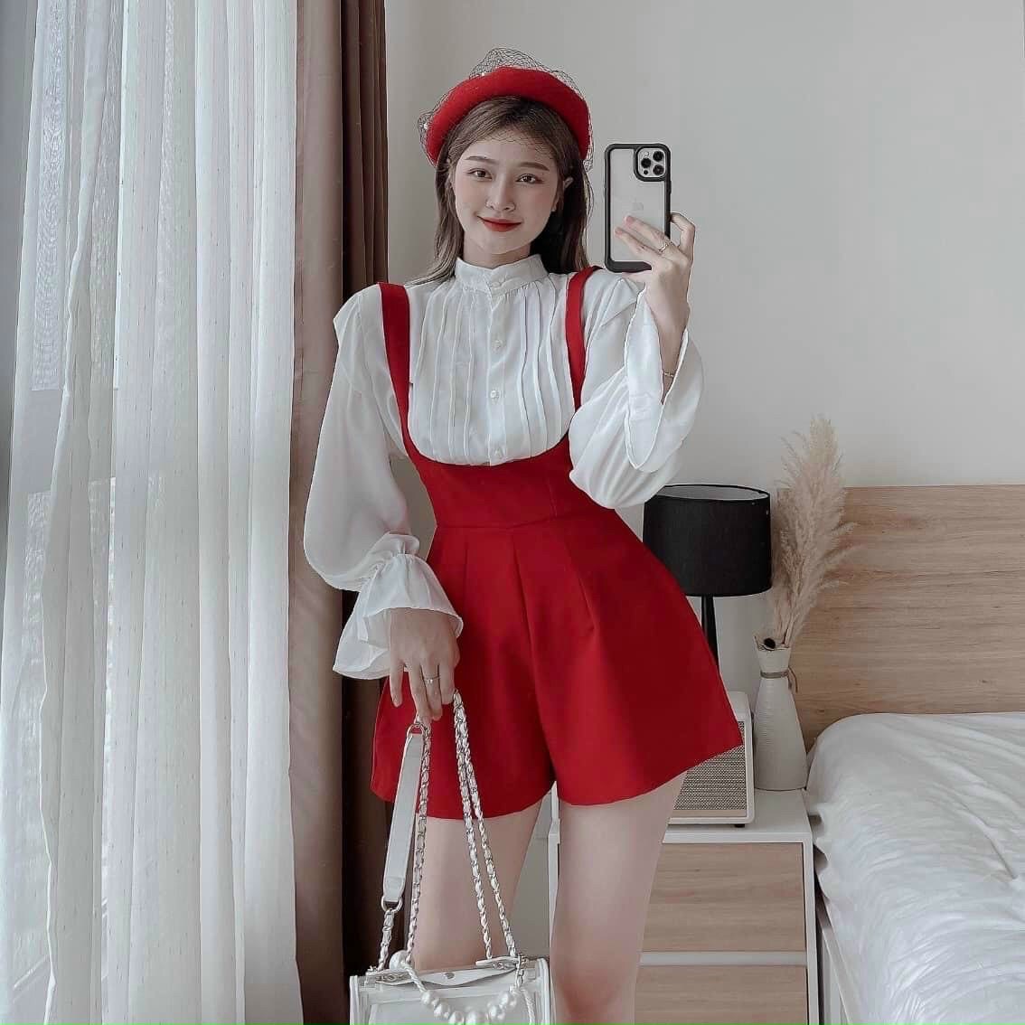 SET ĐẦM YẾM JUMPSUIT ĐỒ BAY NGẮN TRƠN QUẦN ỐNG RỘNG LƯNG CAO + ÁO SƠ MI TAY BỒNG DẠO PHỐ DỰ TIỆC GIÁNG SINH NOEL