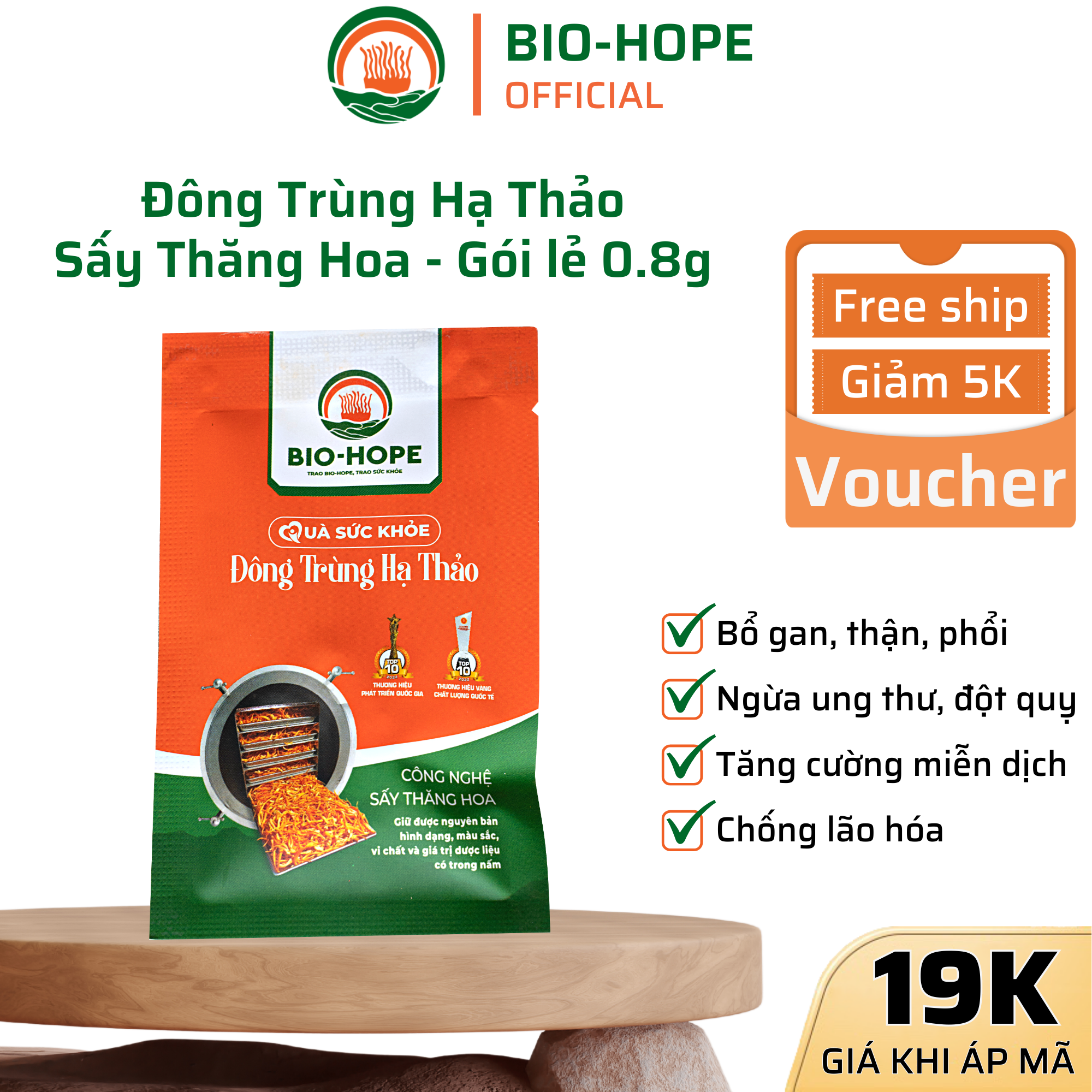 Đông Trùng Hạ Thảo Khô Sấy Thăng Hoa Loại Cao Cấp BIO HOPE Tăng Cường Sức Khỏe, Chống Lão Hóa, Cải Thiện Chức Năng Tim, Gan, Thận, Phổi - Gói 0.8g