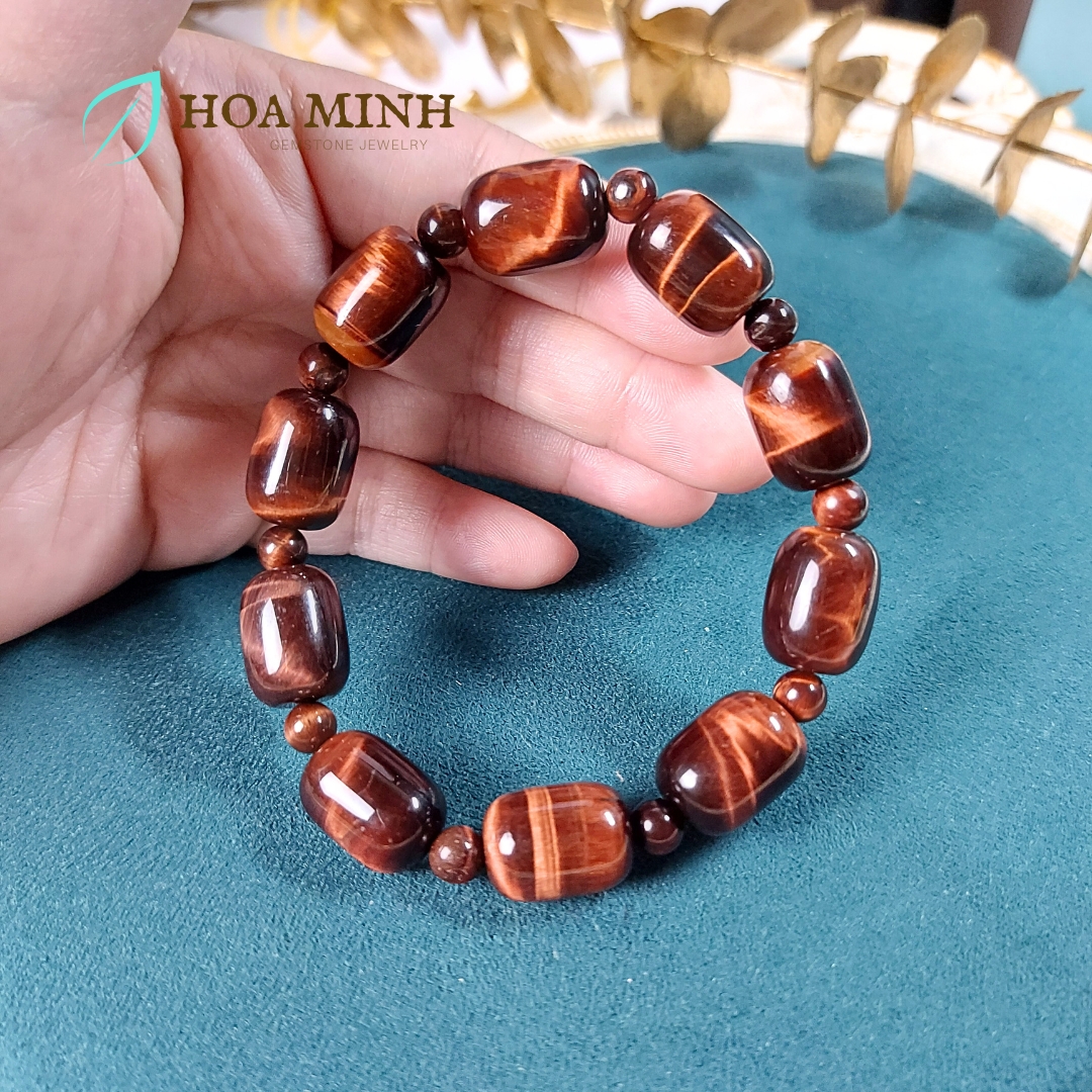 Vòng tay đá Mắt Hổ tự nhiên đỏ nâu kiểu lu thống size 12x16mm phối xen kẽ viên tròn hợp mệnh Hỏa Thổ