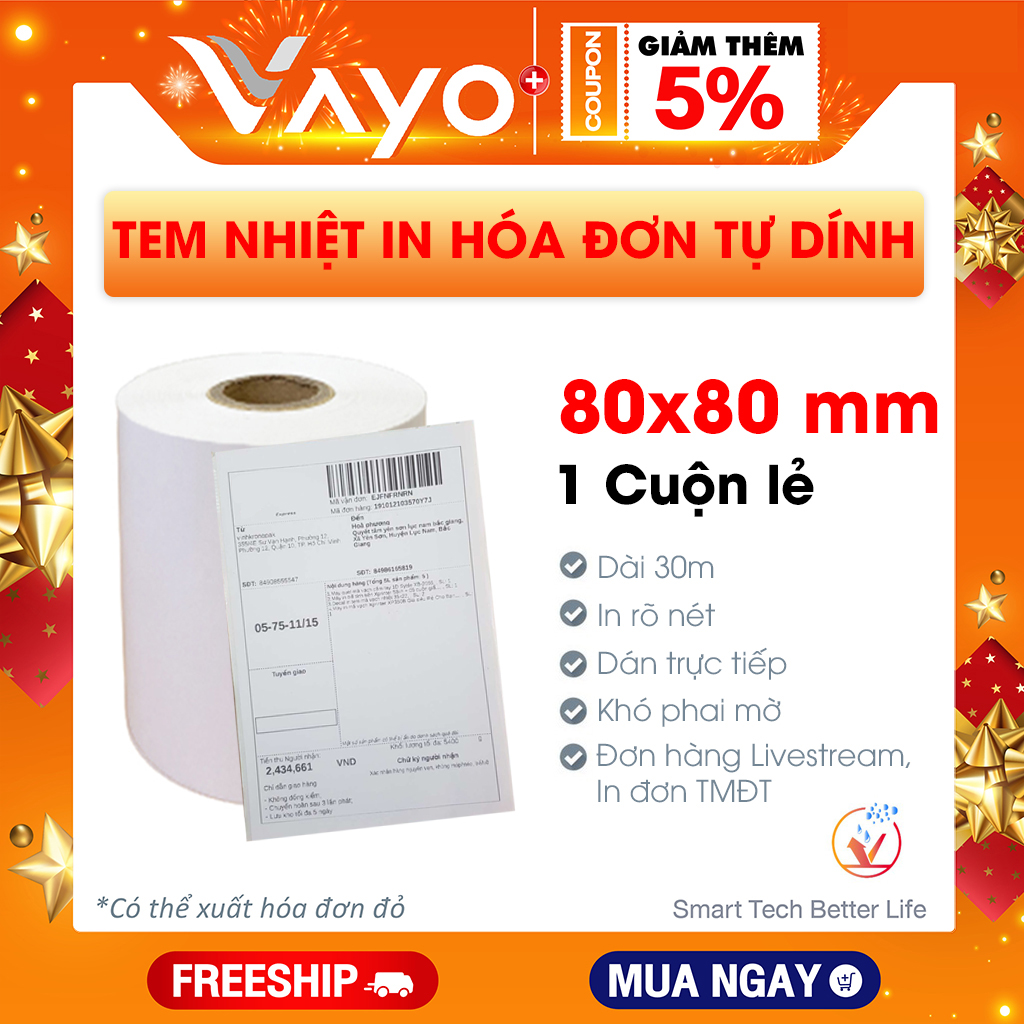 CUỘN LẺ - Tem nhiệt K80 liên tục, tem in đơn TMĐT, Giấy in hóa đơn tự dính 80mm xuyên suốt - Hàng chính hãng