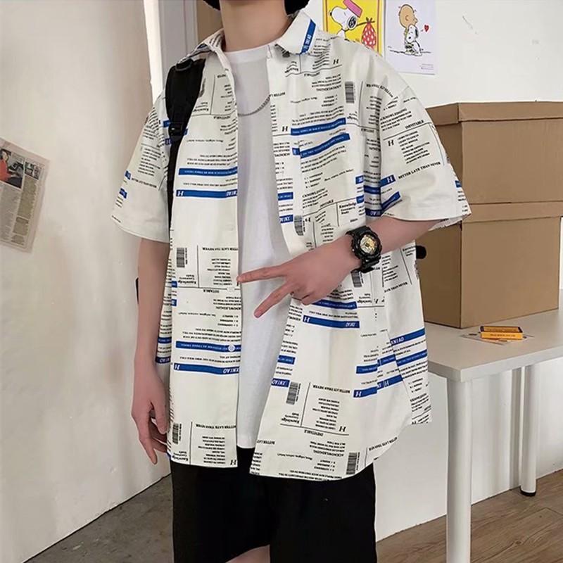 Áo sơ mi rộng thoải mái tay ngắn in chữ tiếng Anh thời trang mùa hè dành cho nam