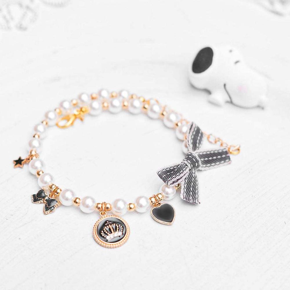 Chó CAT Pearls Vòng cổ Vòng cổ Bling Phụ kiện Ribbon Love Charm (Đen)