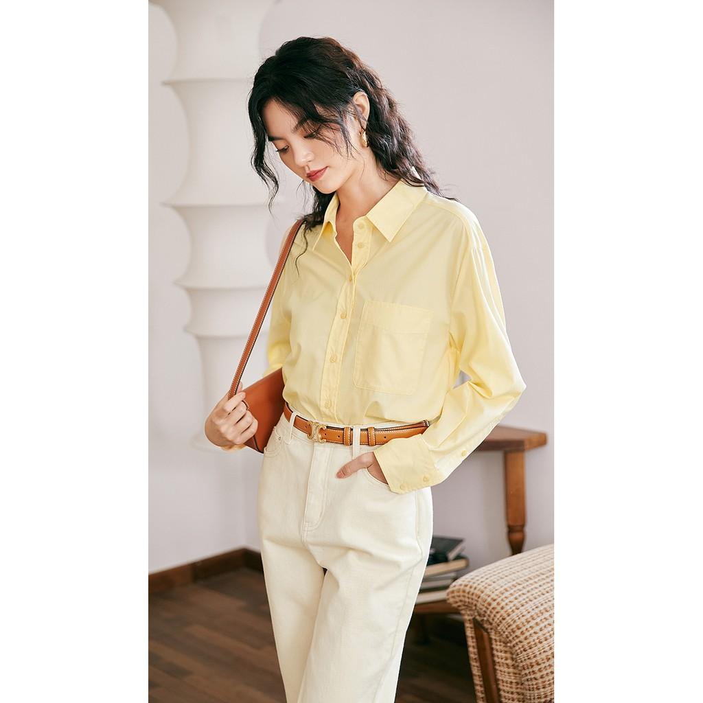 Áo Sơ Mi Công Sở Nữ Cổ Đức Túi Ngực Thanh Lịch, Sơ Mi Vàng Nhạt Basic Quyên Fashion AA535