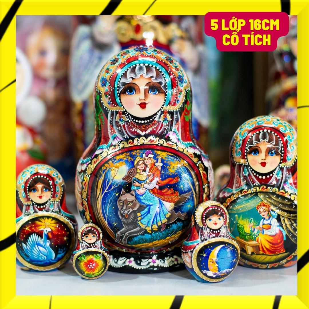 BỘ BÚP BÊ NGA CAO CẤP MATRYOSHKA 5 LỚP 15CM "CỔ TÍCH CHÀNG IVAN VÀ SÓI XÁM" CỰC ĐẸP VÀ SANG TRỌNG