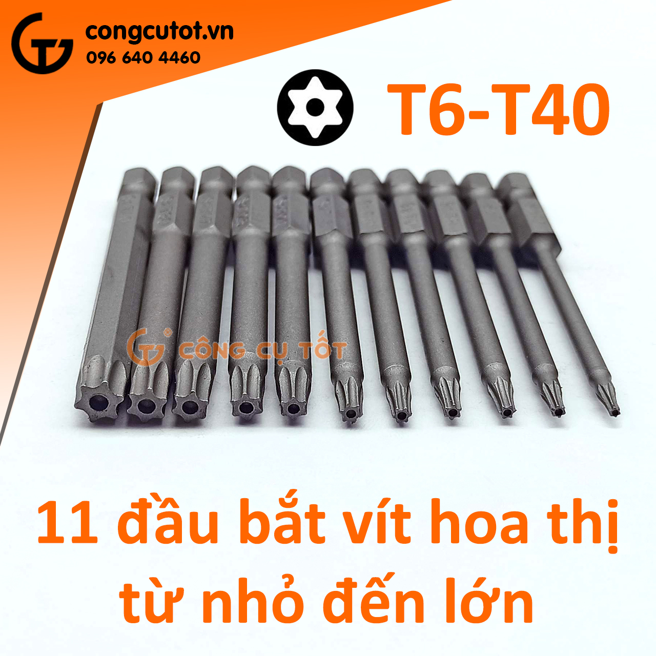 Bộ 11 đầu bắt vít hình sao lỗ dài 75mm T6-T40