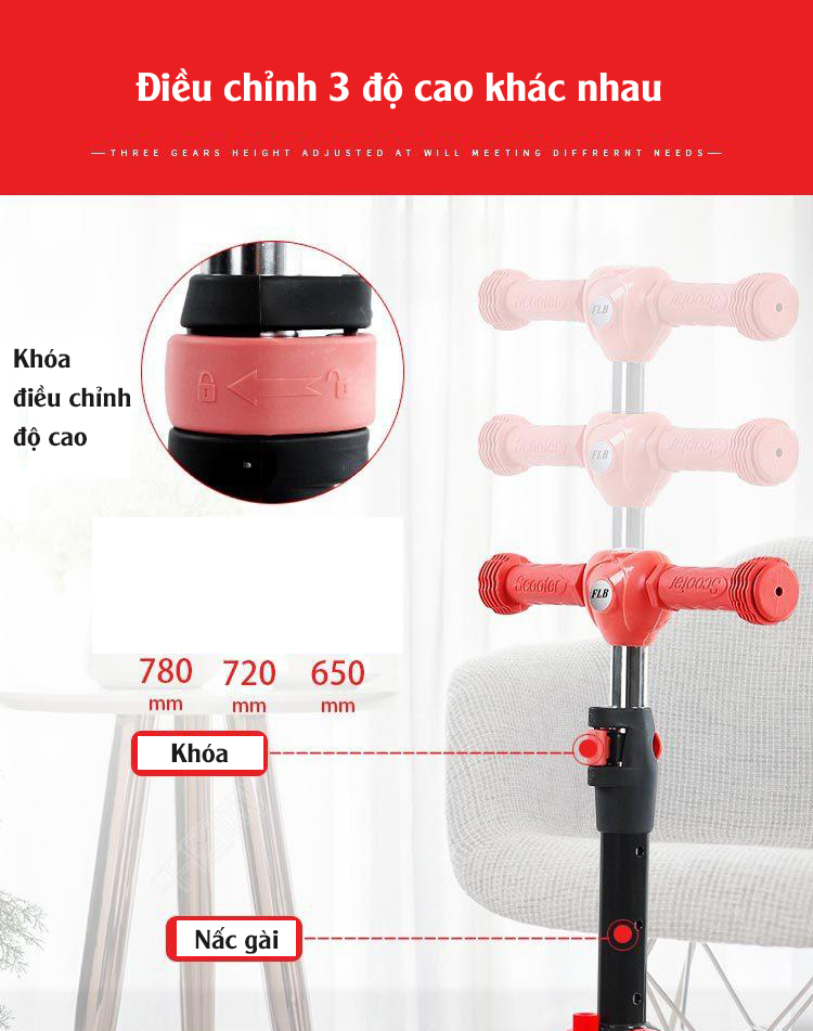 Xe scooter 3 bánh tự cân bằng, xe scooter 3 in 1 cho bé, có ghế gấp gọn, có nhạc và đèn LED bánh xe (yoyođỏ)