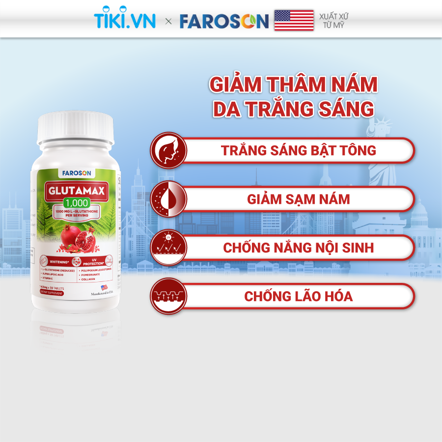 Combo 3 hộp viên uống glutathione Faroson Glutamax 1000 trắng da mờ nám chống nắng 30 viên