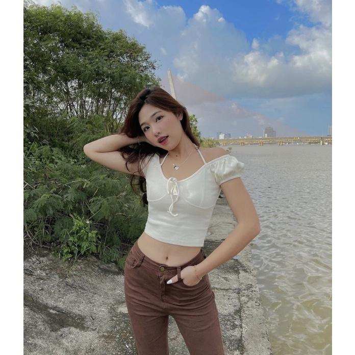 SET ÁO CROPTOP TRẮNG + QUẦN SUÔNG NÂU
