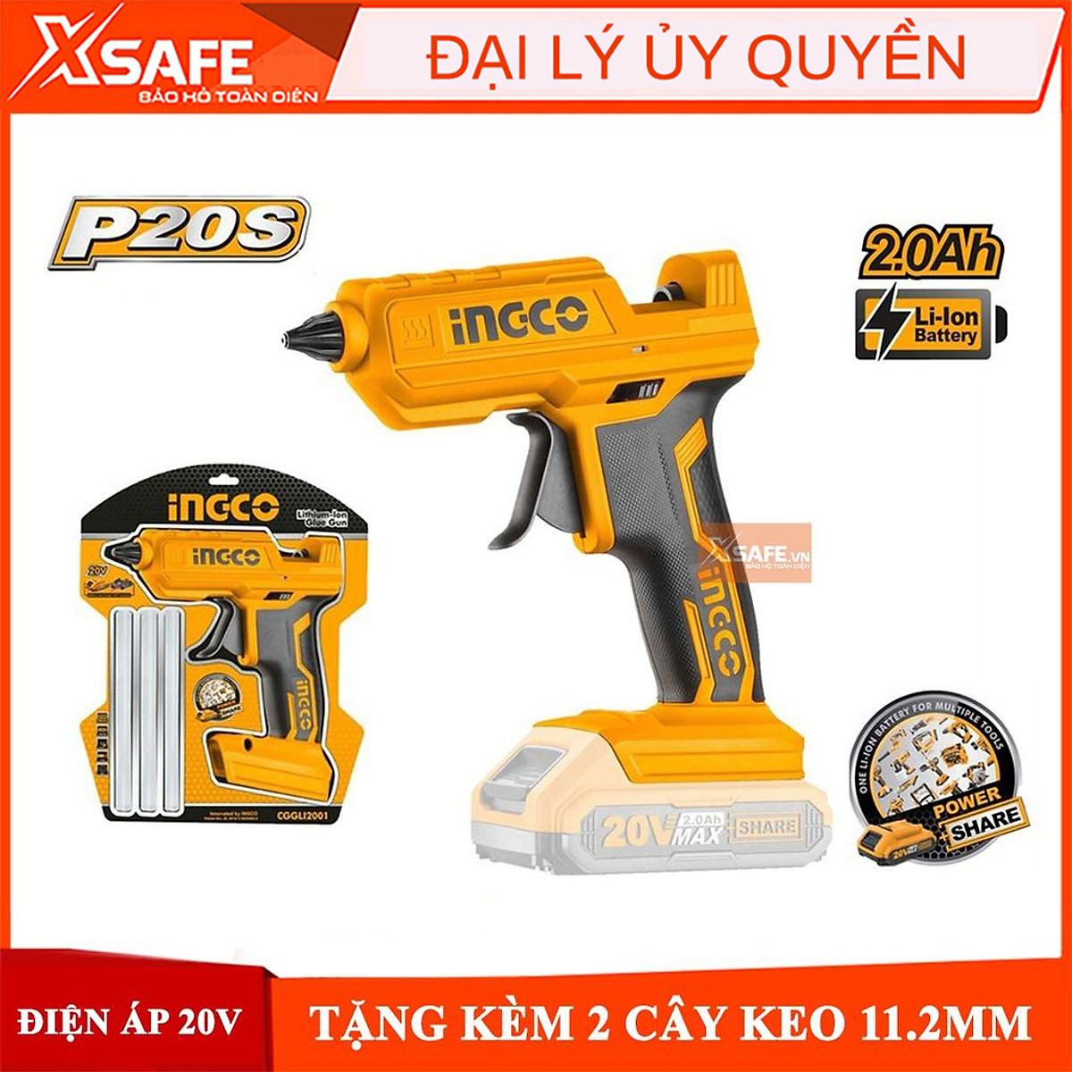 Súng bắn keo  INGCO CGGLI2001 dùng pin Lithium 20V, tặng kèm theo 2 cây nến 11.2mm