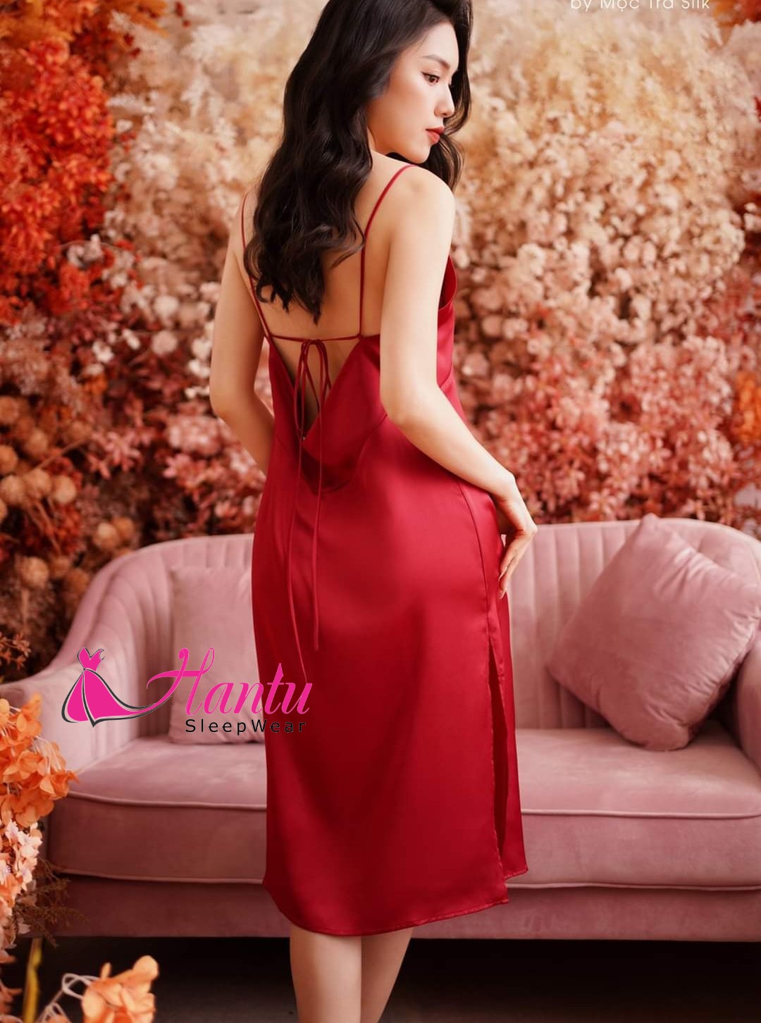 [Hantu Sleepwear] Váy ngủ lụa trơn cao cấp dáng dài qua gối sexy sang trọng tặng kèm chip ren