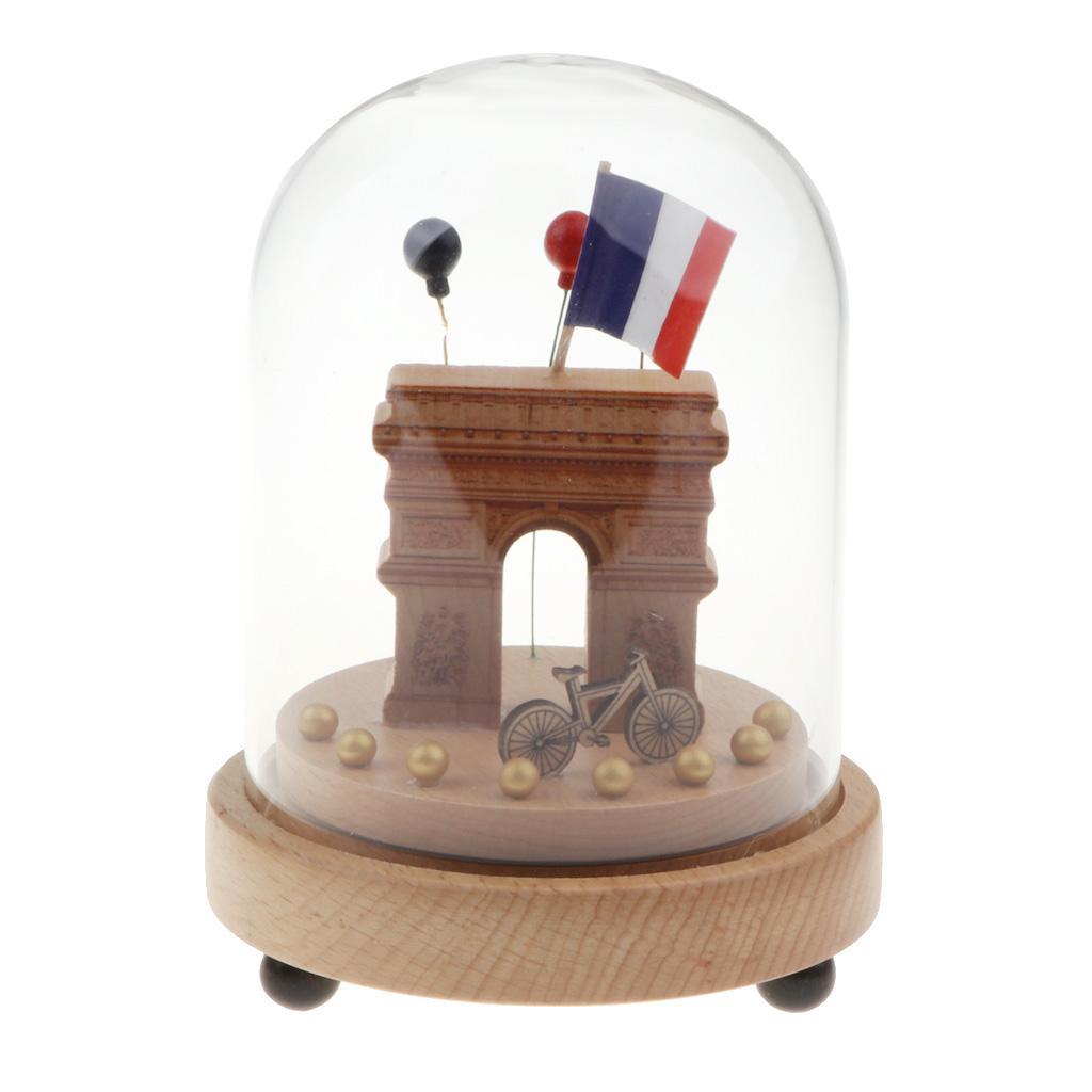 Wooden Luminous Rotating Music Box w/ Glass Dome Home Decor Ornament Gift - Triumphal Arch