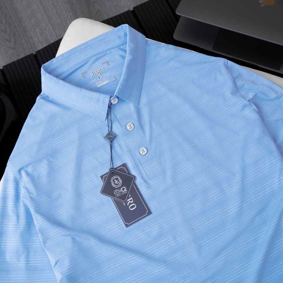 Hình ảnh Áo polo golf nam ngắn tay ALIGRO chất vải coolmax kẻ ngang màu xanh blue năng động ALGPLO117