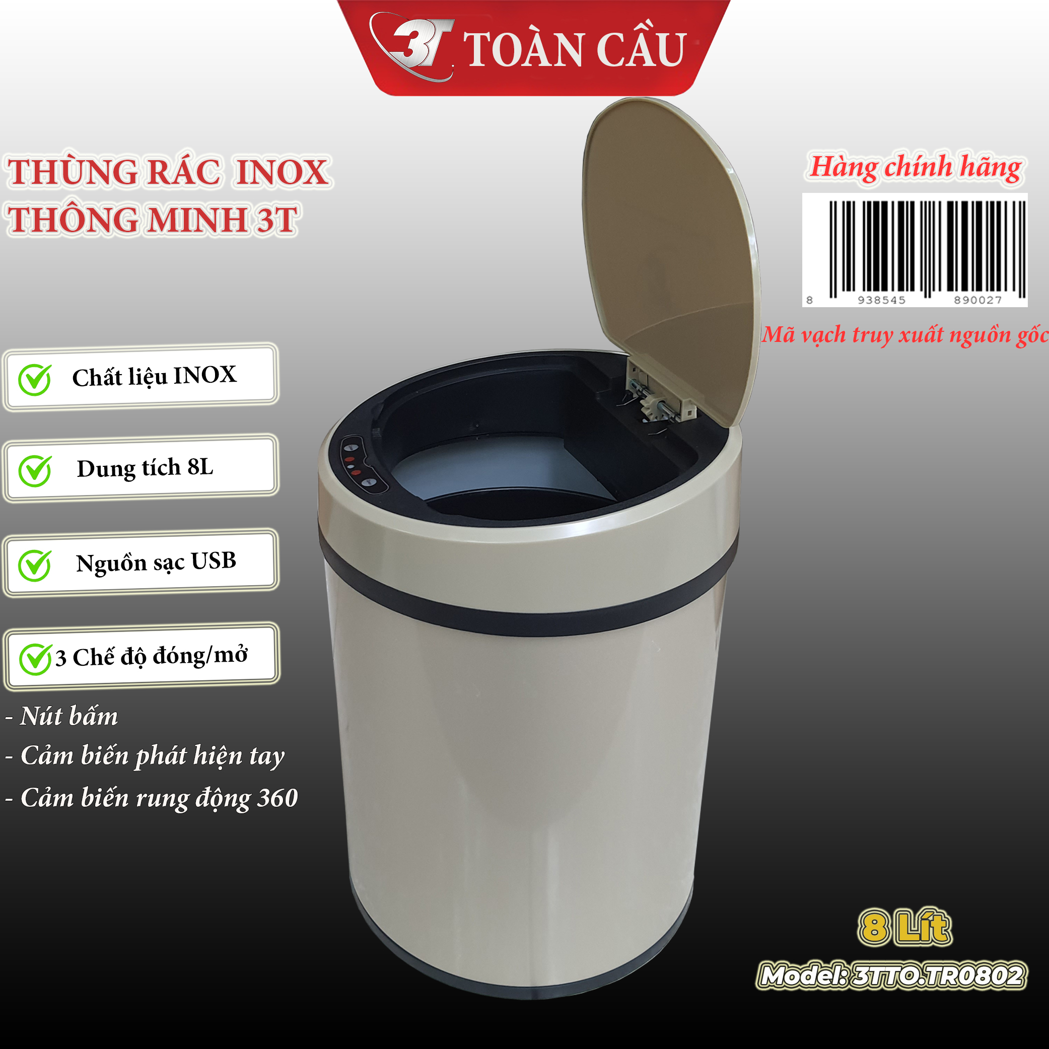 Thùng rác Inox thông minh, dung tích 8L, đủ 3 chế độ mở nắp bằng cảm biến, cảm ứng nhạy