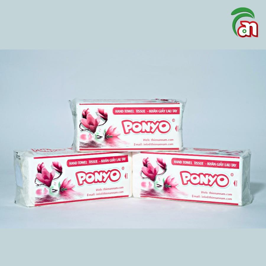 Khăn giấy rút lau tay PONYO 2 lớp gói 100 tờ khổ 19x20cm, khăn giấy khô dai xốp, họa tiết dập hoa - Thiên An Nam paper