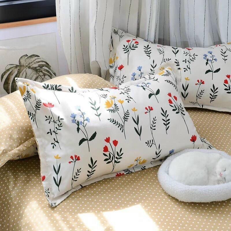 Bộ Chăn Ga Gối Cotton Poly Hoa Nhí Ga Nâu