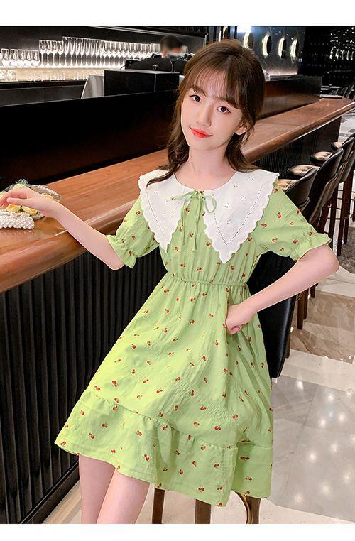 DONGSHOP HOT Cô gái ăn mặc 2023 mùa hè ăn mặc cô gái váy công chúa Mid-Boy Cherry hoa đầm đầm đầm đầm mùa hè cho trẻ em