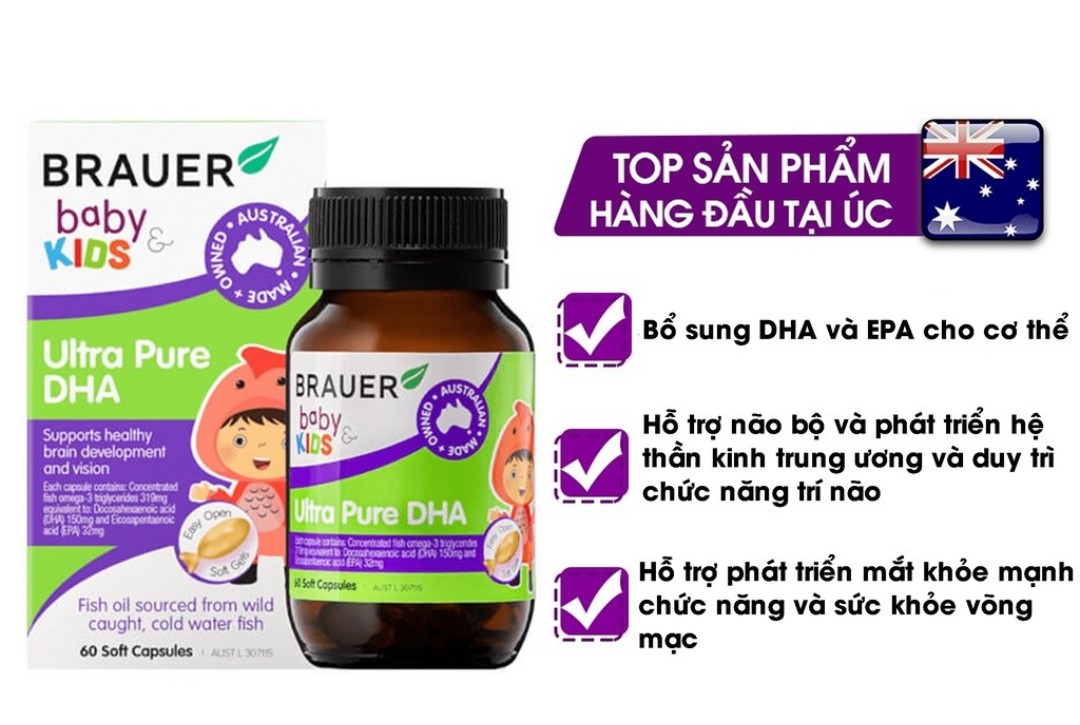 DHA dầu cá tuyết tinh khiết cho trẻ sơ sinh, trẻ nhỏ Brauer DHA Úc giúp phát triển trí não, tăng khả năng tập trung, cải thiện thị lực-OZ Slim Store