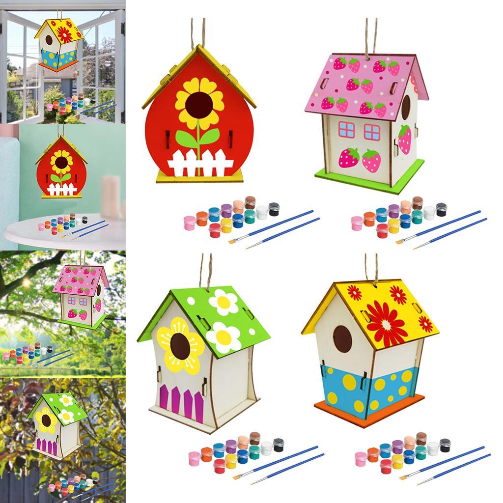House Unpainted Build Paint Hanging Wooden Birdhouse Set Craft
