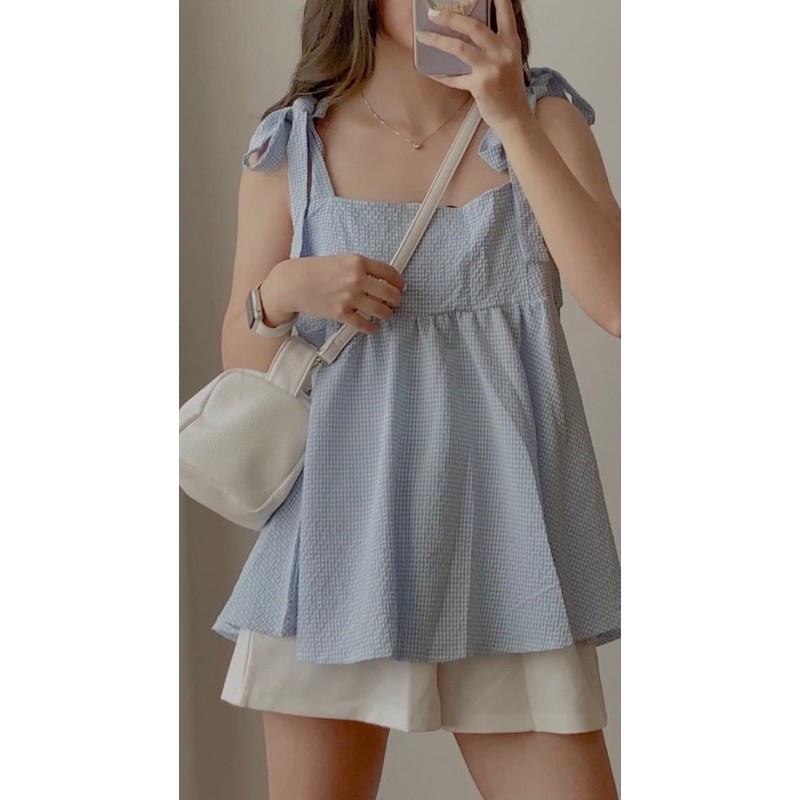 Set đồ nữ babydoll, set áo 2 dây thắt nơ vai kẻ caro xanh xốp kèm quần short style Hàn Quốc kiểu vintage ulzzang BO004