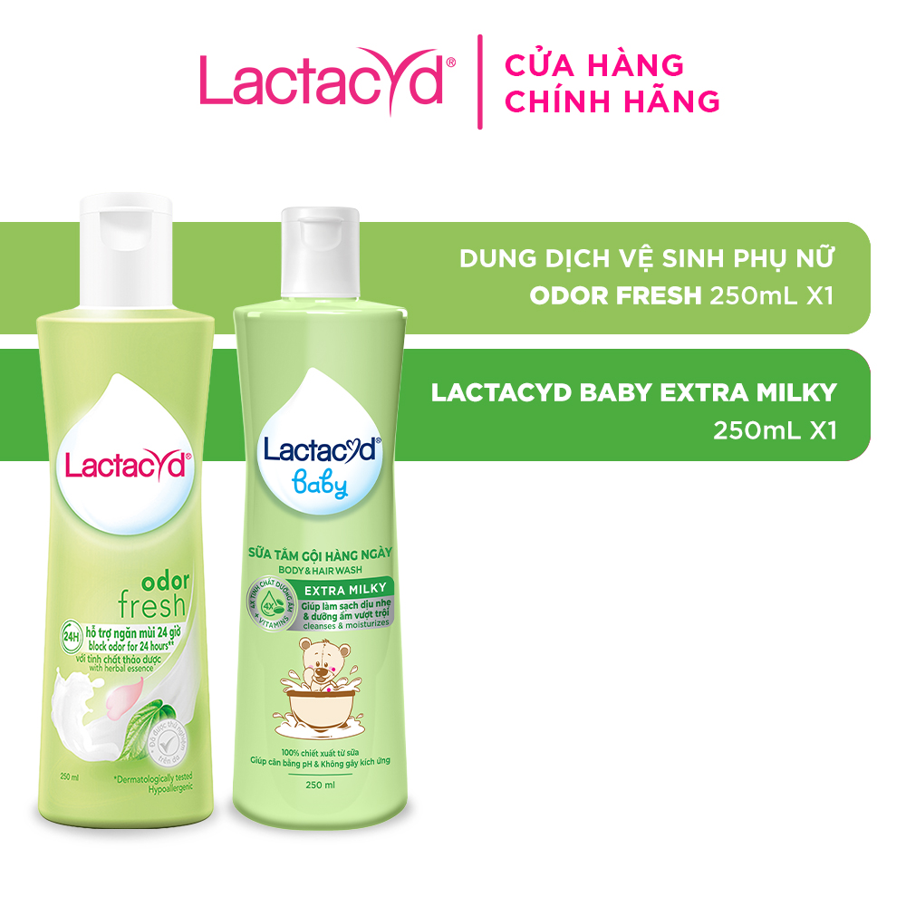 Bộ Dung Dịch Vệ Sinh Phụ Nữ Lactacyd Odor Fresh Ngăn Mùi 24H 250ml + Sữa Tắm Gội Trẻ em Lactacyd Baby Extra Milky 250ml