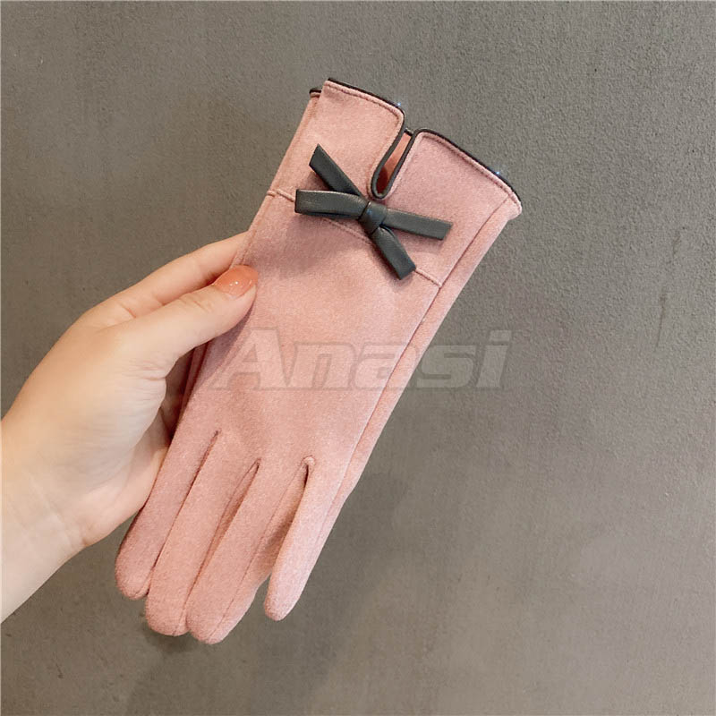 Găng tay chống nắng/ mùa đông cho nữ Anasi OLV14 đính nơ da - Vải dày dặn, tích hợp cảm ứng