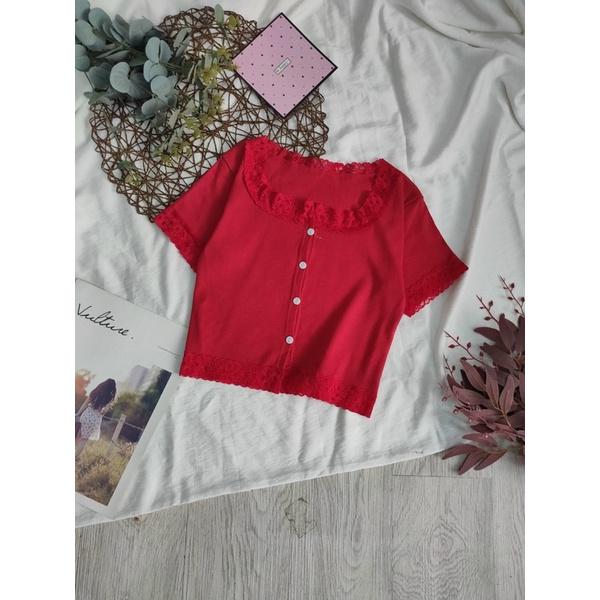 Áo croptop viền ren tay ngắn, 100% ảnh thật do shop chụp