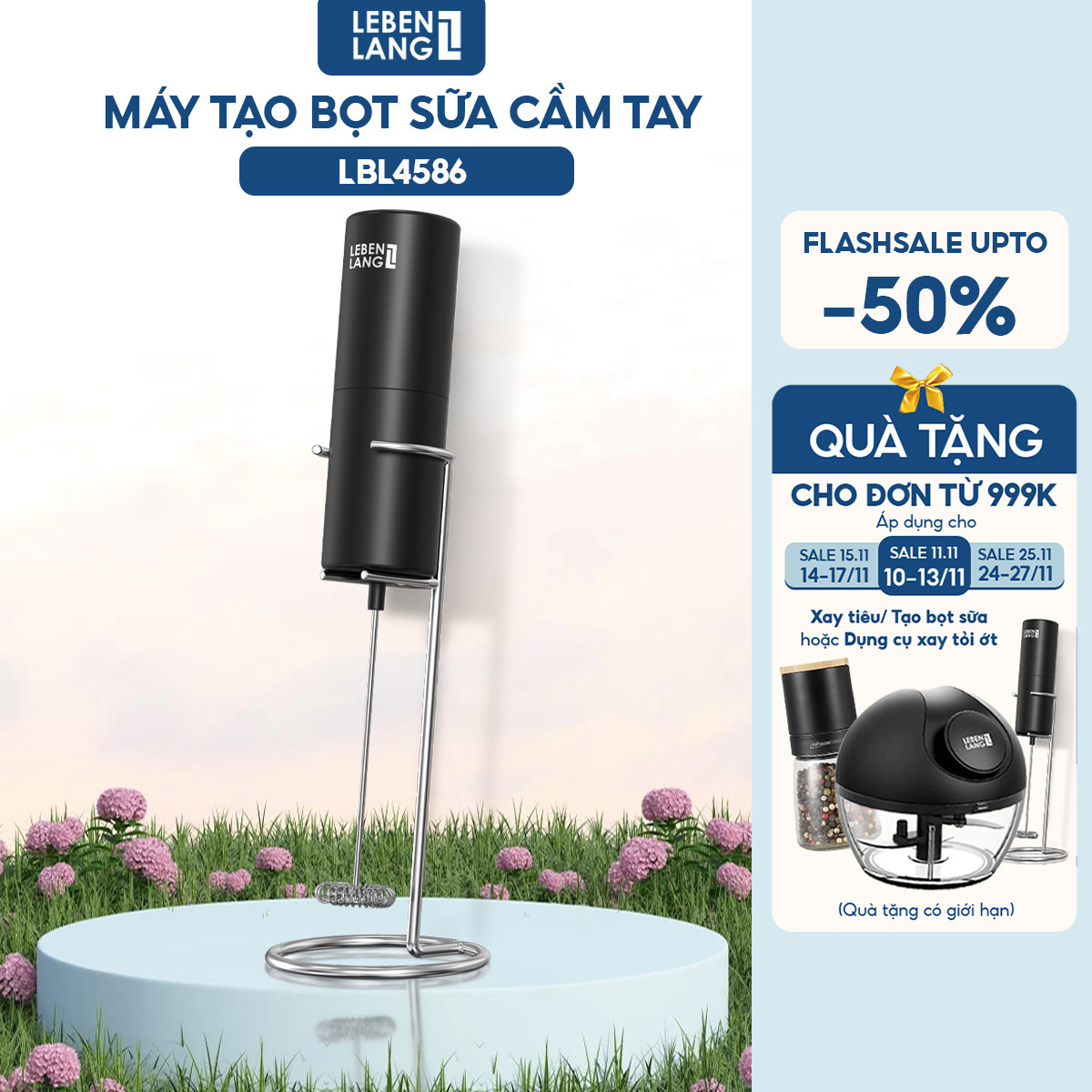 Máy đánh bọt cầm tay Lebenlang LBL4586, chạy bằng PIN 2A tiện lợi, công suất 10W – hàng chính hãng
