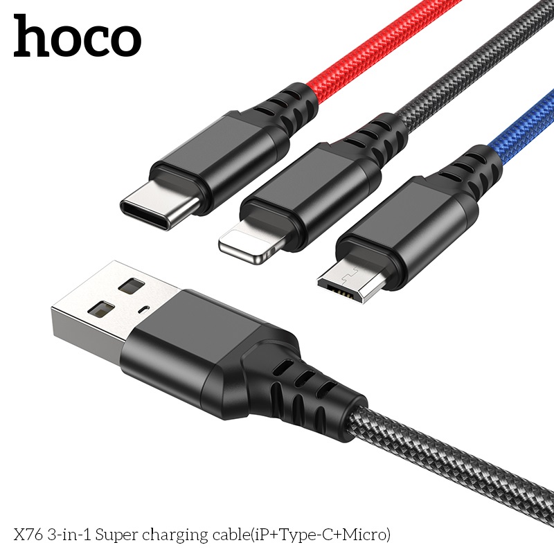 Cáp Sạc Dành Cho Hoco. X76 3 Trong 1 2.0A Cổng IP + TypeC + Micro Dây Dài 1m Hàng Chính Hãng