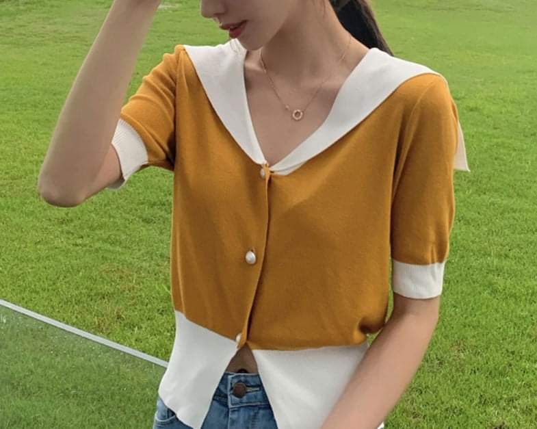 Áo len mỏng ngắn tay cổ khăn choàng