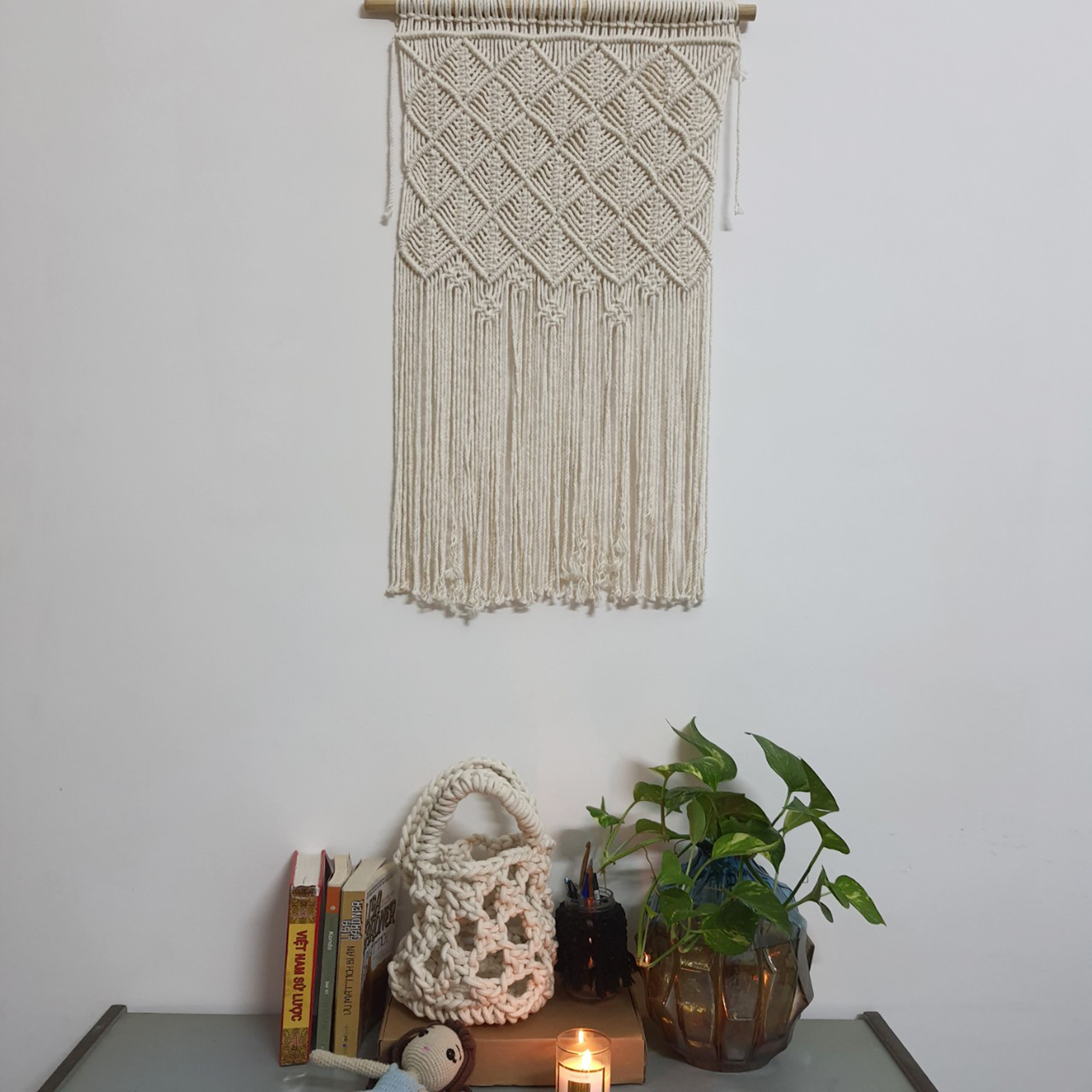 Rèm macrame trang trí tường, Rèm màu trắng, bohemien macrame