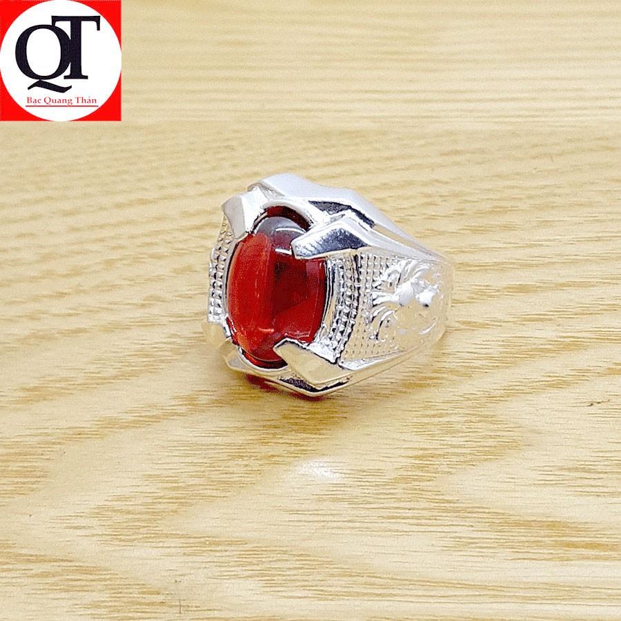 Nhẫn nam bạc ta đúc nguyên chiếc mặt đá hình ovan màu đỏ , đen trang sức Bạc Quang Thản – QTNU5