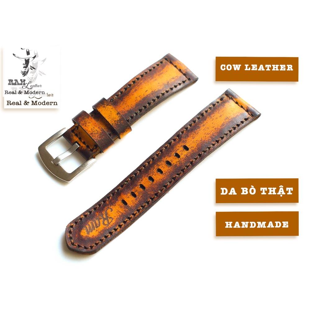 Dây đồng hồ RAM Leather da bò thảo mộc vegtan Ý bền chắc - Ram classic 1970 socola nền vàng