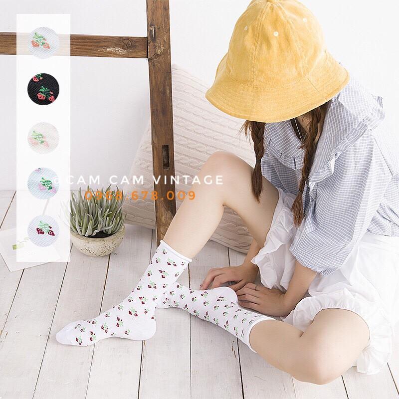 TẤT CAM CỔ NỮ VỚ ULZZANG UNISEX HOA VĂN HỌA TIẾT HOA NHÍ CHERRY
