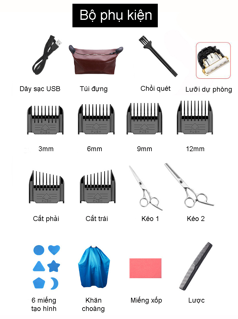 Bộ tông đơ hớt tóc siêu xịn Chigo + Full Phụ kiện kéo cắt tóc F838