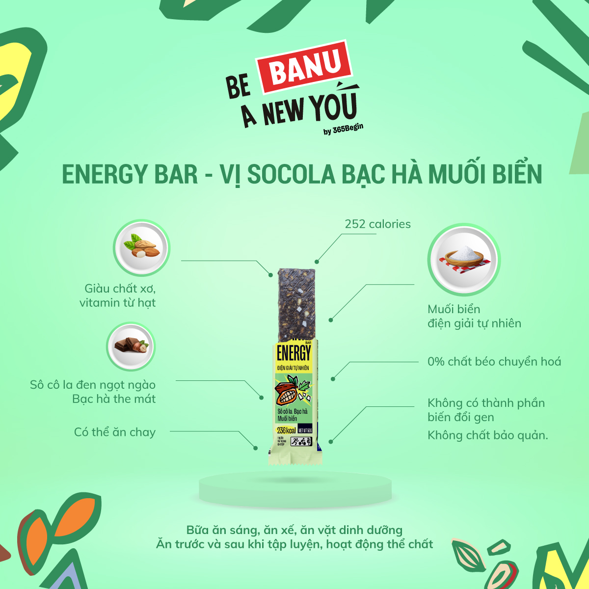 BANU Socola Bạc Hà - Thanh protein Yến mạch và các hạt ngũ cốc – Thanh năng lượng thay thế các bữa ăn tiện lợi, tốt cho sức khỏe, phù hợp với người bận rộn, tập luyện thể thao.