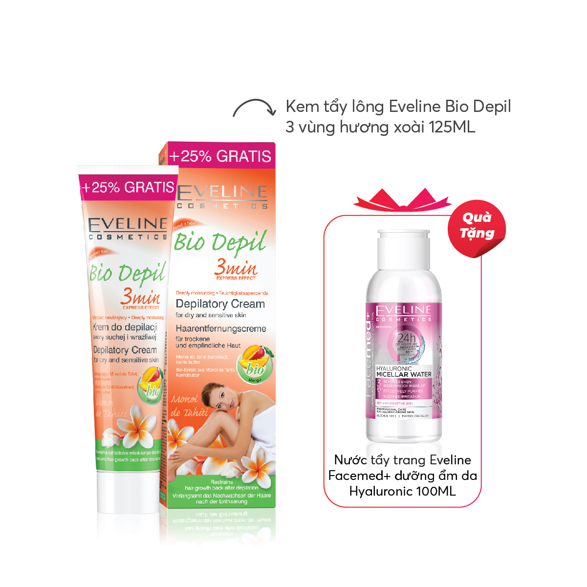 [TẶNG NƯỚC TẨY TRANG] Kem tẩy lông hữu cơ các vùng bio depil eveline 125ml