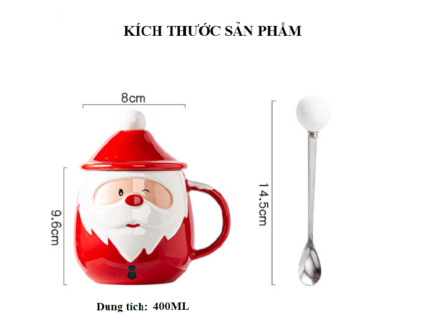 Ly sứ Ông Già Noel kèm muỗng inox, nắp sứ 400ml (Hoạ tiết giao ngẫu nhiên)