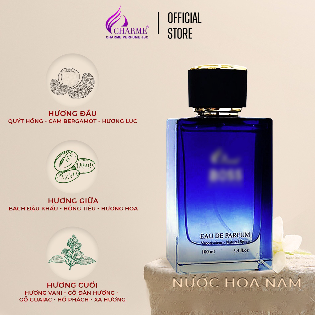 Nước hoa nam cao cấp, Charme Boss, hương phương đông, hương thơm mạnh mẽ, lưu hương lâu, dành cho nam, 100ml