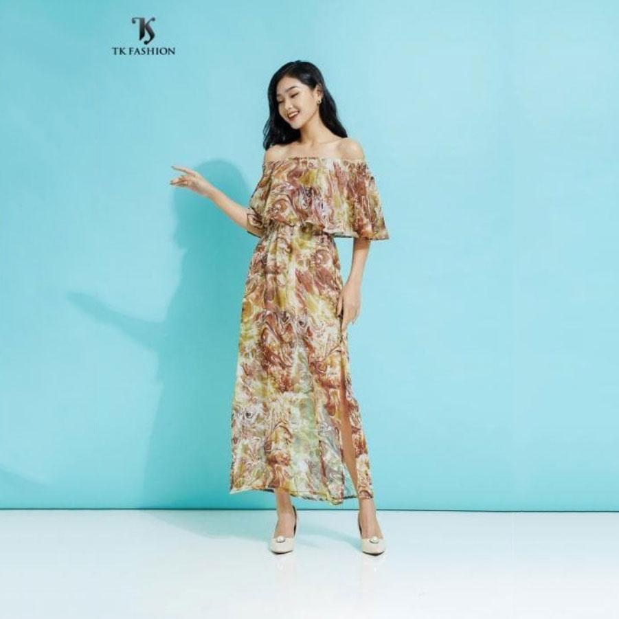Váy nữ maxi họa tiết hoa, trễ vai, chất voal nhẹ, hàng thiết kế cao cấp TK FASHION - DK496
