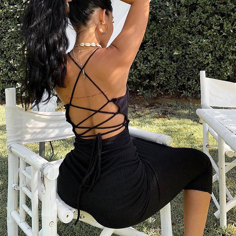 DISEYAR Dài Đầm Bodycon Sexy Đồ Phối Dây Đen Mùa Hè Áo Dạo Phố Hở Lưng Đầm Maxi Trang Phục 2021